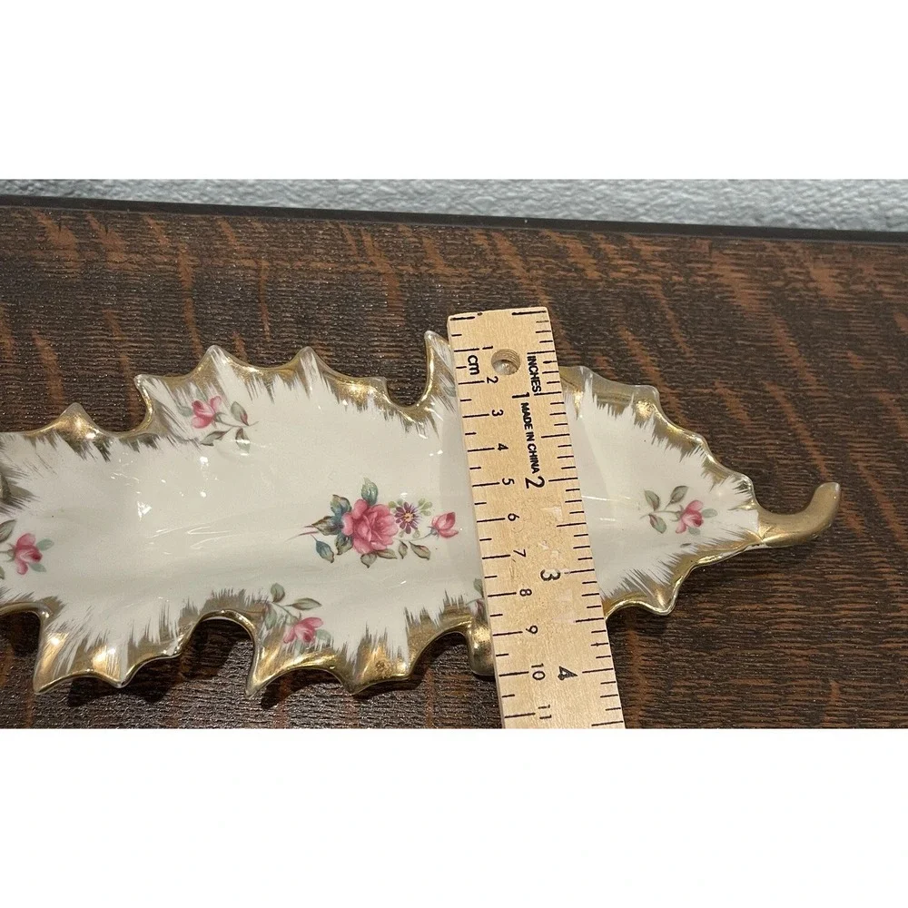 VTG‎ Trinket Serving Dish 9.5 Inch Porcelain Pink Roses Gold Gilt Japan Leaf